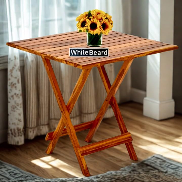 Image of WhiteBeard Sheesham Wood Standard Foldable Full Size Dining Table,Multi-Purpose Home Furniture Dining Table,Office,Dinner Dining,Cafe,Morden Stylesh Dining 4 Seater,Space Saving Dining [Square Honey]