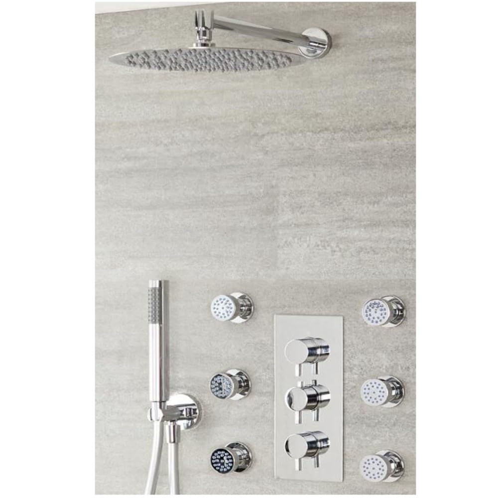 Milano Mirage Thermostatic Mixer Valve 300Mm Round Shower Head Handset Body Jets - Chrome