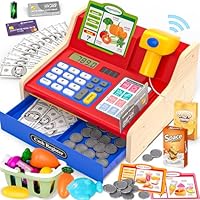 maysida Cash Register for Kids Age 3+, Wooden Toy Till Cash Register with Scanner&Sounds
