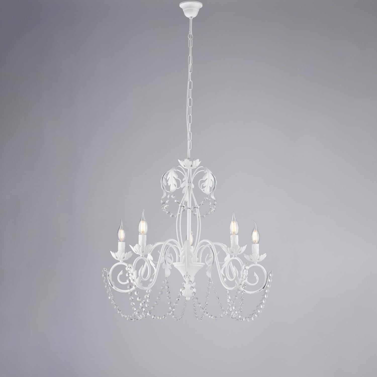 Lampadario Shabby 5 Luci Ferro Battuto Bianco E Cristalli