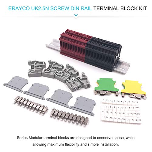 Erayco Din Rail Terminal Blocks Kit, 20Pcs Uk2.5B Terminal Blocks 12 Awg Gauge 20A 600V, 2Pcs Ground Blocks, 4Pcs Jumpers, 4Pcs End Stopper, 4Pcs End Covers, 4Pcs Marker Strip, 1Pcs 8" Aluminum Rail #TOP1