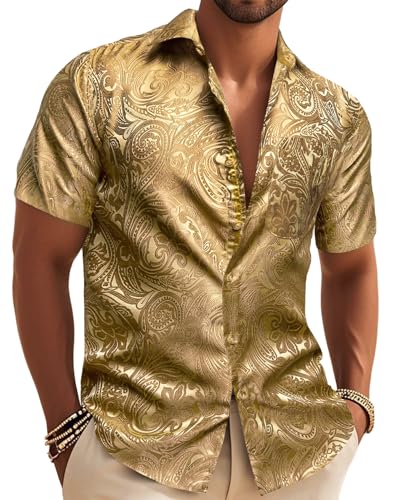 Barry.Wang Solid Gold Mens Silk Shirts Short Sleeve Hawaiian Designer Button Down Paisley Shirt Casual Beach Summer Party