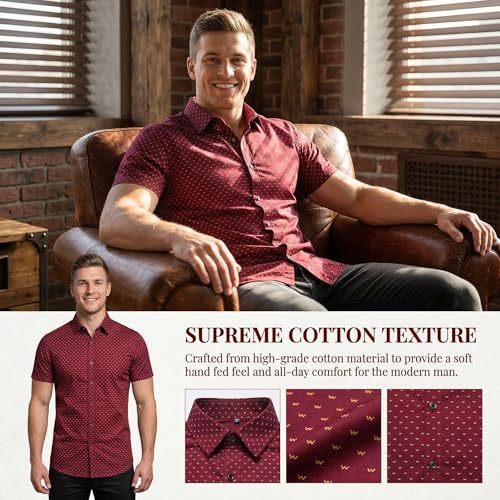 MUSE FATH Men's Printed Dress Shirt-Cotton Casual Short Sleeve Shirt-Interview Dress Shirt-Wine Red-XL — view 4