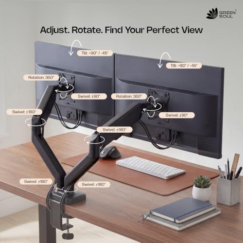 Image of Green Soul Dual Monitor Gas Spring Stand|Fits 13-32 inch Screen|9Kg Weight Capacity|Height Adjustable Desk Mount, VESA Plate, Grommet & C-Clamp Base|Monitor Riser for Desk|Tilt, Swivel & Rotation|Black