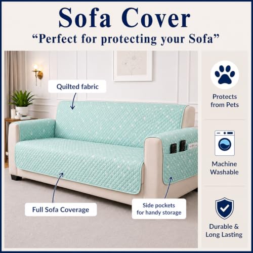 Image of STITCHNEST 'CloudFeel Series' Quilted Printed Velvet Sofa Cover for 3 Seater | Premium Soft Velvet Sofa Protector | Mint Green Polka Dot Design with Armrest Pockets | Furniture Cover