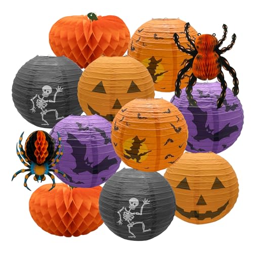 12 Inches 12 Pcs Halloween Jack-O-Lantern Paper Lanterns, Halloween Spider Skeleton Pumpkin Hanging Paper Lantern for Home Outdoor Decoration Party