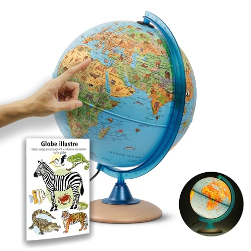 ORBIT Globes & Maps - Globe pour enfants - Globe de 25cm avec pied en bois, carte de France avec de nombreuses illustrations pour enfants avec lampe LED avec...