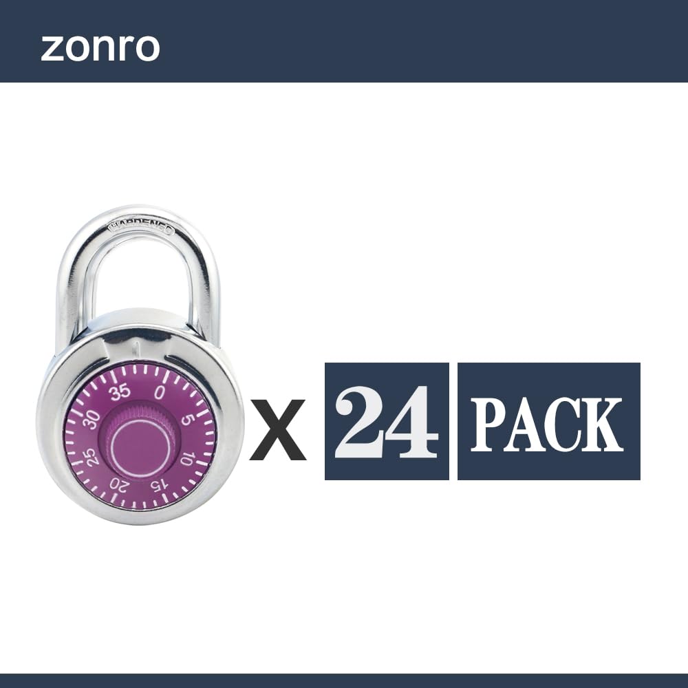ZonRo Standard-Zahlenschloss, 5,1 cm breit, 3-stelliger Code, lila, Drehplatte, 24 Stück mit verschiedenen Kombinationen, Schloss für Schule, Mitarbeiter, Koffer, Werkzeugkasten, Fitnessstudio