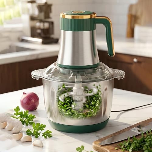 Image of 3L Electric Food Chopper & Meat Grinder - 500W Stainless Steel Food Processor with Quad-Blade System - SS304 Mixing Bowl for Meat, Veggies & Purees - Green /Rose Gold