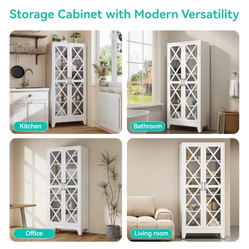 Image of Metal Storage Cabinet with Glass Doors and Adjustable Shelves | 71 inch Tall Pantry Cabinet for Kitchen Dining Room Bathroom Garage,White,1 Pce