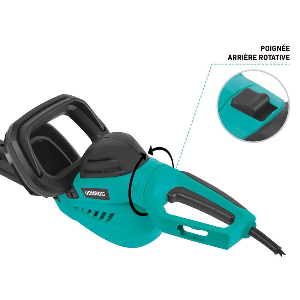 VONROC Taille-haie électrique 600W - Lame 660mm - Poignée pivotante 180° - Distance Lames 16mm - Softgrip - Frein électrique - Boîtier Inclus - Modèle HT505AC