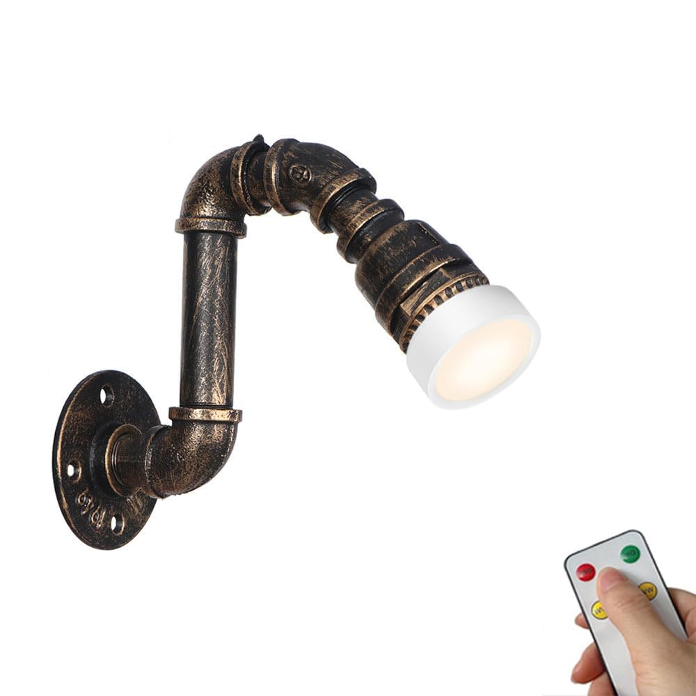 STUIJKVSZ Vintage Industrial Wall Sconce Battery Operated Rustic Farmhouse Cordless Rechargeable Wall Light with Remote Steampunk Pipe Water Tube Wireless Wall Lamp for Bedroom Bedside Headboard