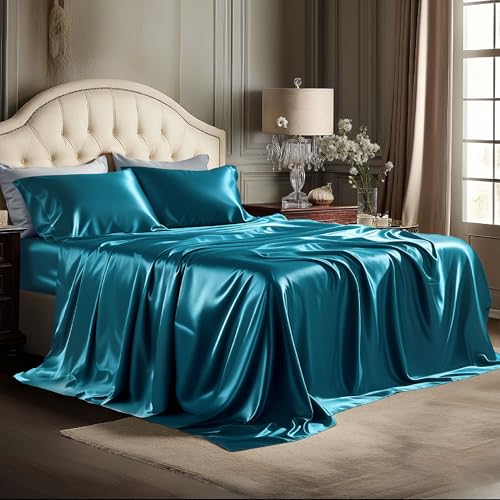 Image of Bedsure Teal Satin Sheets Full Size, Soft Silky Bedsheets for Hair & Skin | Similar to Silk Bed Sheets Set 4 Piece with 15 Inches Deep Pocket Fitted Sheet,1 Flat Sheet, 2 Satin Pillowcases