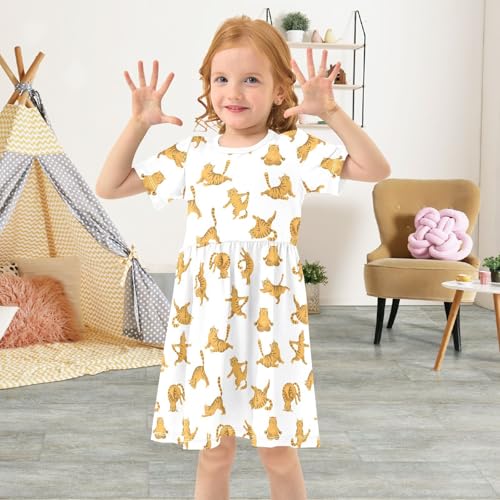 Toddler Girls Dress Summer Tabby Cats Dresses Short Sleeve Clothes Casual Sundress 2-8Y4