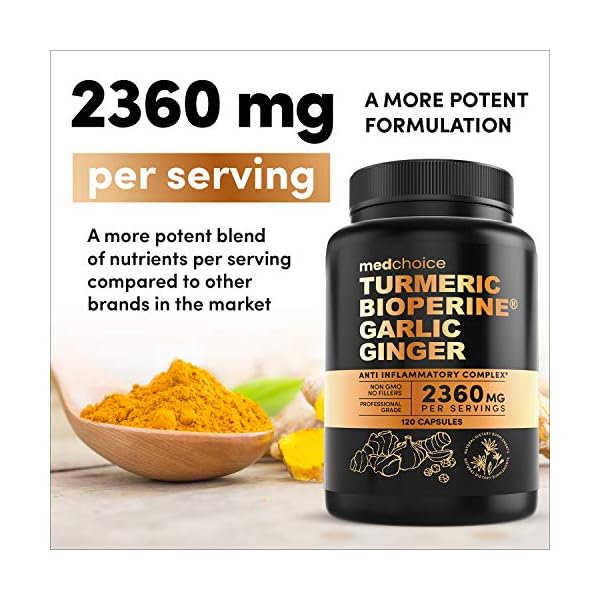 4-in-1 Turmeric and Garlic Supplements with Bioperine 2360 mg (120 ct) Turmeric Ginger Root Capsules with Garlic - Turmeric Curcumin with Black Pepper for Joint, Digestion & Immune Support (Pack of 1)