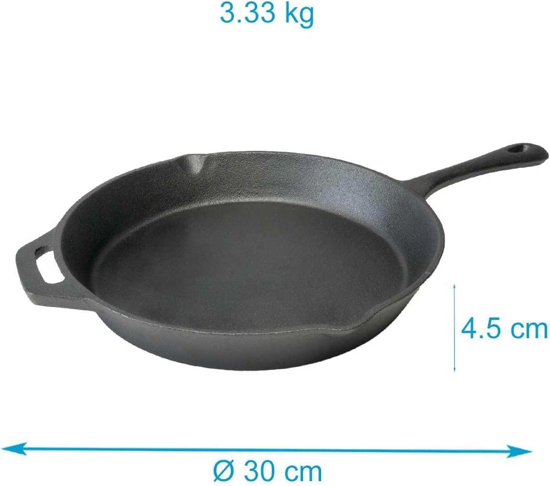 Intirilife Cast Iron Pan Dimensions: 30 cm diameter, 4.5 cm height, 3.45 kg weight