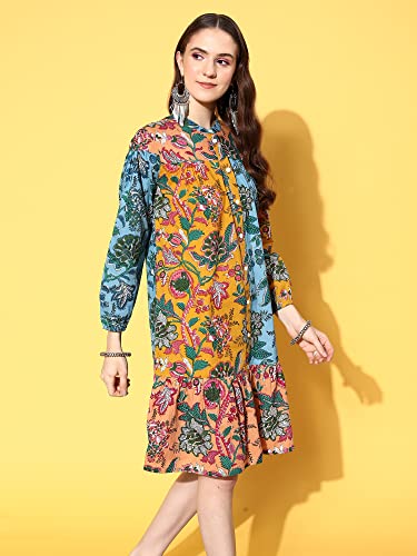 Image of Indo Era Women's Cotton Floral Printed Midi A-Line Ethnic Dress