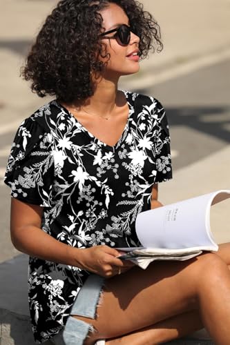 Image of CATHY 2026 Women Tops Summer Short Sleeve Tunic V Neck T-Shirts Loose Casual Floral Blouse S-4XL
