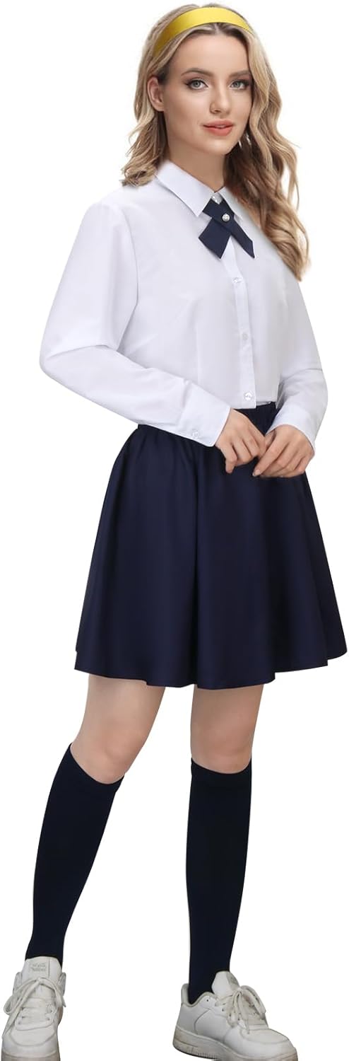 AMNPOLEN Women Blair Waldorf Costume White Shirt Pleated Skirt Socks School Uniform Set Halloween Cosplay Outfit