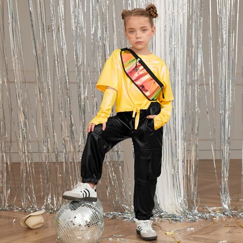 Image of Perfashion Girls Metallic Shirts Shiny Tie Front Knot Crop Top with Arm Sleeves for Dancing Raves Festivals 4-15 Years