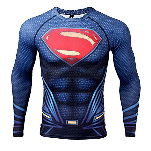 COOLMAX Upgrade Raglan Sleeve Superman 3D Printed T-Shirt Men Compression Shirt (X-Large, Dark Blue)
