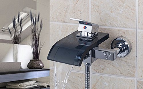 GOWE negro cristal construcción montado en la pared de cromo caño de cascada baño Lavabo fregadero bañera grifo mezclador de asas grifo
