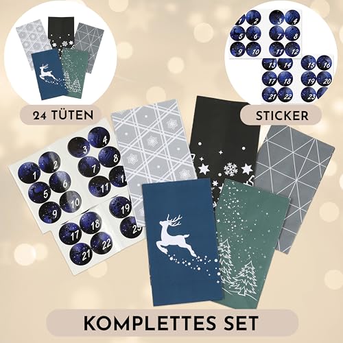 Nordstern Adventskalender zum Befüllen - DIY Geschenktüten Set mit mit 24 Kraftpapiertüten und Zahlen Aufklebern - Weihnachtskalender für Kinder und Männer