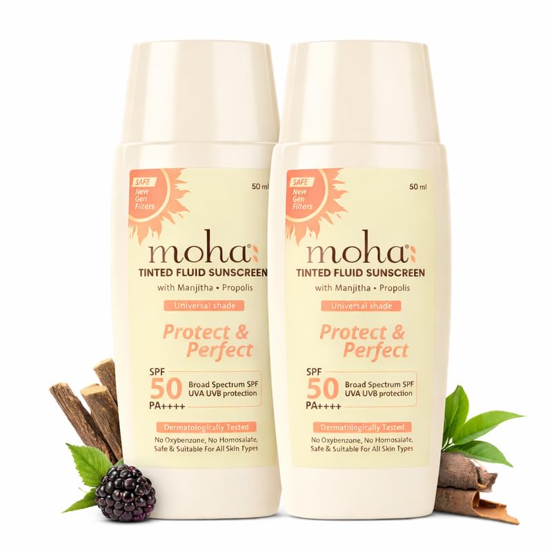 Image of Moha Tinted Fluid Face Sunscreen SPF 50 PA++++ India's 1st with New Gen filters | New-Gen Photostable UV Filters | pH balanced | Advanced botanical for skin repair and tone perfecting | | Lightweight Makeup Base | | For All Indian Skin Tones | For Men & Women 50 ml Pack Of 2