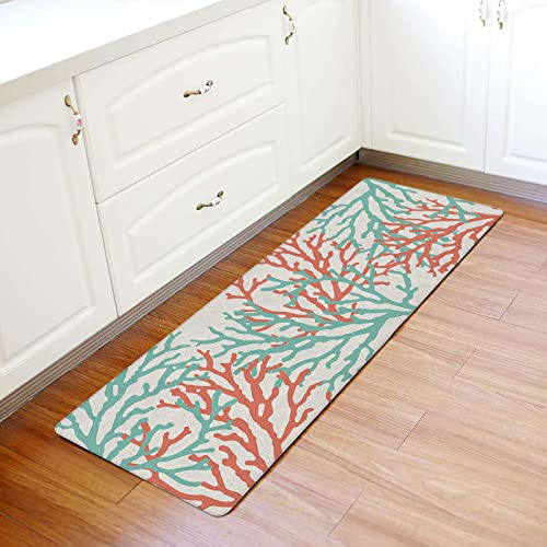 Teal Red Coral Door Mat - Leather Front Door Mat Non-Slip Kitchen Rugs, Summer Ocean Nautical Coastal Rustic Burlap Waterproof Floor Mats Indoor Outdoor Welcome Doormat For Doorway/Bathroom 18"X30" #TOP3