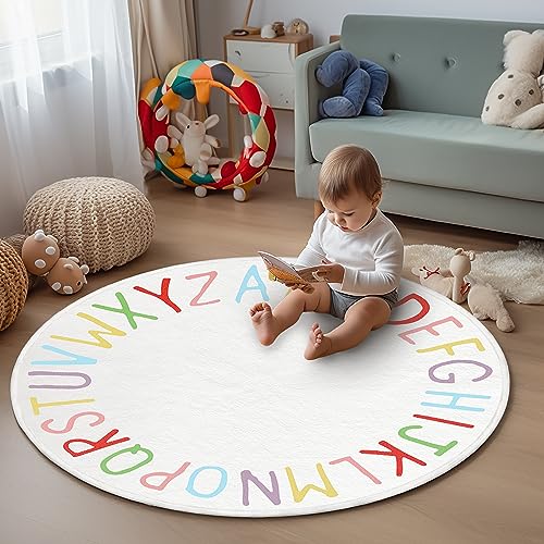Offizon Round Soft and Fluffy Area Rug, 6.6x6.6 Feet Alphabet Furry Smooth Indoor Decor, Carpets for Living Room, Kid’s Room (Alphabet, 200x200cm)