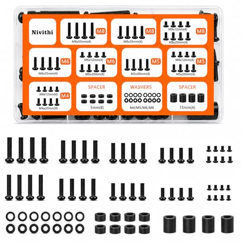 Nivithi Kit Vis VESA/Montage TV (Noir/Fer) M4/M5/M6/M8+Rondelles/Entretoises.Compatible Supports Mural&TV-Standfüße,Vis de Remplacement Universel-TS10