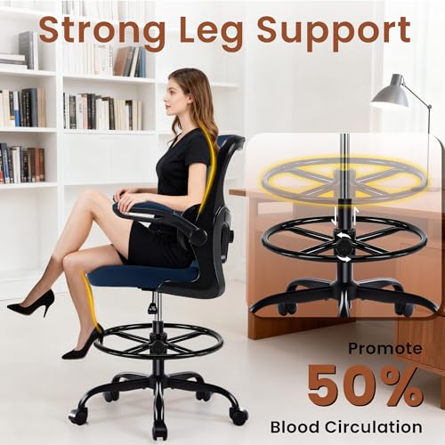 Image of AreShark Drafting Office Chair - Ergonomic Tall Office Chair with Adjustable Footrest Ring - Counter Height Adjustable Rolling Standing Desk Chair with Lumbar Support and Flip-up Armrests for Home