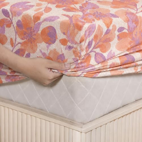 Image of LANE LINEN Symphony | 100% Cotton Sheet Set | Soft & Breathable Fabric | 3 Piece (1 Bedsheet + 2 Pillow Covers) | King Bed Sheet Set - Coral & Lavender Painted Leaf
