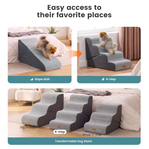 Image of Gardner Pet Dog Stairs for Small Dogs 22 inch H, 2 in 1 Transformable 4-Step Pet Stairs and Dog Ramp for Couch Bed (23-27 in), Grey Adjustable Pet Steps