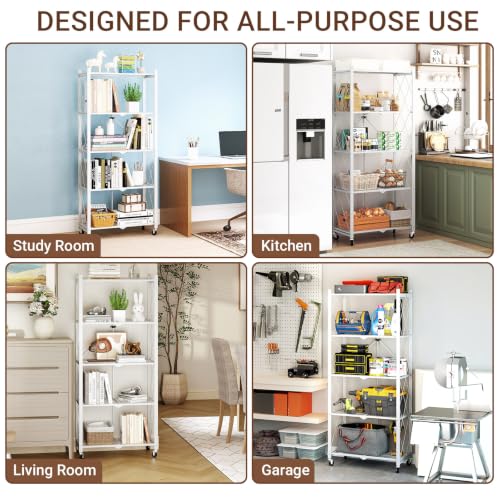 Image of black leopard 5-Tier Foldable Metal Storage Shelf with Wheels, White | Foldable Design; 85 lb Capacity per Shelf; Preassembled Frame; Lockable Casters; Reinforced Metal Construction