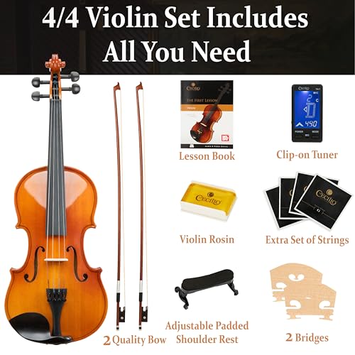 Image of Mendini by Cecilio Violin 4 /4 Full Size Set For Beginners - Hand Carved Acoustic Violins Set - Fiddle Solidwood Kit with Hard Case, Two Bows, Tuner, Rosin, Shoulder Rest, Extra Strings, Lesson Book