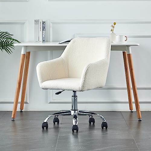 Mcltopz Faux Fur Home Office Chair, Modern Fluffy Fuzzy Office Chair, 360° Swivel Height Adjustable Desk Chair W/Silver Metal Leg, Comfy Vanity Makeup Chair Computer Task Chair For Home Office (White) #TOP2