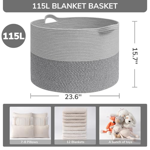 Image of INDRESSME 115L Extra Large Blanket Basket, Cotton Rope Basket for Nursery Living Room, Decorative Woven Storage Baskets with Handles for Dirty Clothes, Toy Bin For Dog Toys, Grey