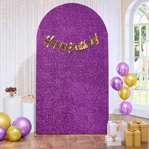 Htper 8FT Purple Glitter Arch Backdrop Cover, Stretchy 2-Sided Round Top Chiara Fitted Wedding Arch Cover Sequin Backdrop for Wedding Birthday Party Arch Stand Decoration Cover