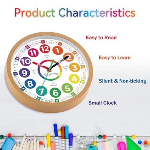 Roymnie Wall Clock for Kids Learning to Tell Time Analog Non Ticking Battery Operated Kids Small Teaching Clock Silent Colorful Teaching Time Clock for Kids Room Classroom School（8 Inch） - Thumbnail 6