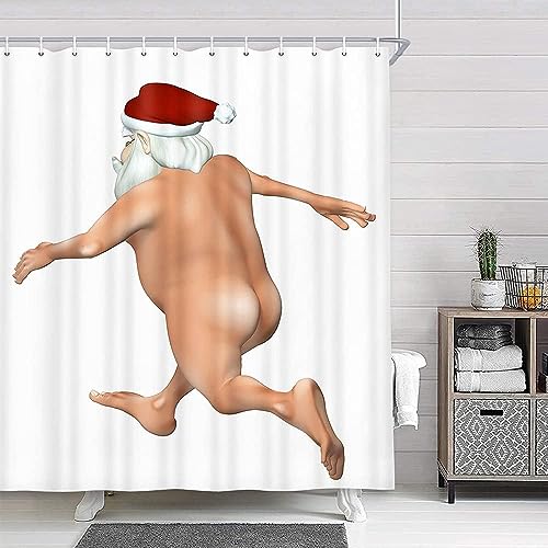 Funny Christmas Shower Curtain, Cute Crazy Naked Streaking Santa Claus Shower Curtains for Bathroom, Modern Happy New Year Waterproof Washable Fabric Bath Curtain for Home Bathroom Decorations,72X72in