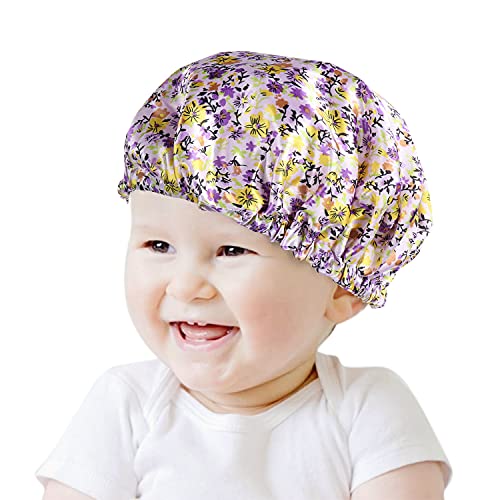1 PCS Kids Satin Bonnet Sleep Cap, Double Layer Sleeping Hats, Adjustable Band Silk Night Sleeping Hats for Natural Hair/Newborn/Infant/Toddler Child/Boys/Girls 0-6T (Floral Purple)