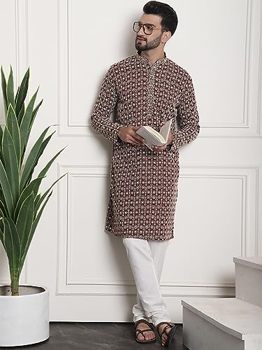 Image of SOJANYA (Since 1958 Mens Cotton Kurta with Multicolor Embroidery and White Churidaar