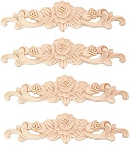 Beoot 4PCS Wood Carved Applique Onlay Unpainted Corner Onlay Applique Door Cabinet Rose Unpainted European Style (20x5cm/7.87x1.97inch)