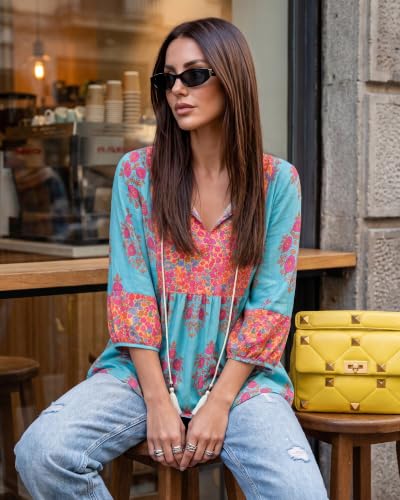Image of Vivilli Womens Summer Boho Babydoll Tops 3 /4 Sleeve Pleated Peplum Blouses Casual V Neck Tie Front 2026 Tunic Tops