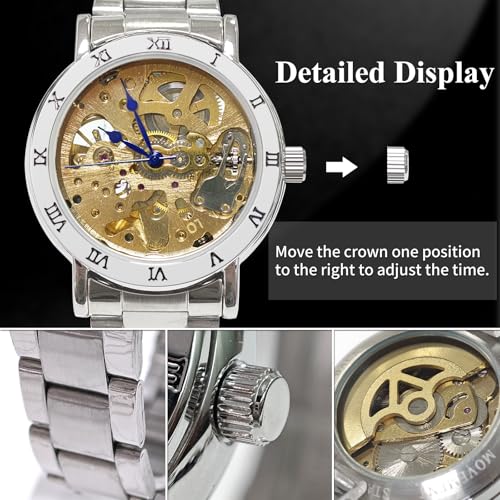 Image of Gute IK Women's Automatic Watch, Steampunk Self Winding Mechanical Silver Bracelet Women Wrist Watch