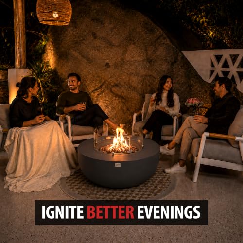 Image of AMS Creations | Eclipse 44 inch Bundle Round Cast Concrete Natural Gas Fire Pit Bowl Table | Dark Gray | Smooth Texture Surface | Electronic Ignition | Outdoor Patio Heater Outside Backyard Fireplace
