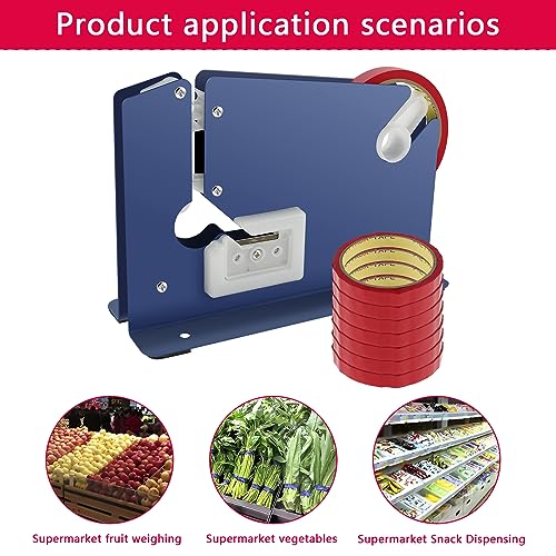 Tape Bag Sealer with 7 Bag Sealing Tape Manual Bag Sealer Metal Taper Dispenser with Trimmer Cutter Anti-Slip Supermarket Store Bag Sealing Machine for Home Bakery Supermarket