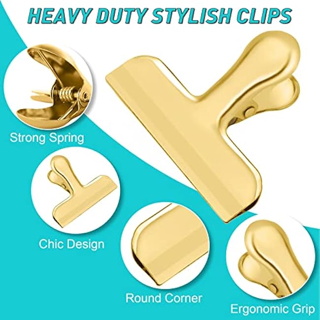 Funfery 3 Inch Stainless Steel Gold Chip Clips Bag Clips Large Clips for Food Packages,Food Clip Kitchen Clips for Snack,Home&Office Clips for Paper,Strong Metal Chip Snack Clips Heavy Duty-8 Pack