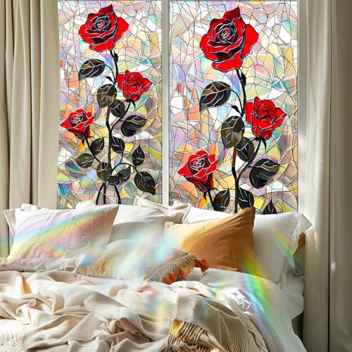 Image of Nuxovilar Gothic Halloween Dark Red Rose Window Film 17.5x39.3 PVC | Dark Rose, Gothic Cling red rose flower sticker, privacy glass wrap for bedroom bathroom party room (Dark Rose)